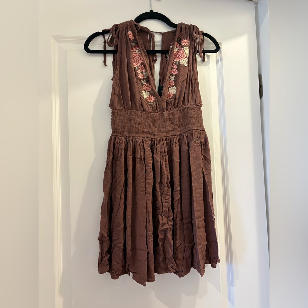 Forever 21 Brown Boho Pink Floral Embroidered Mini Dress (Size L)